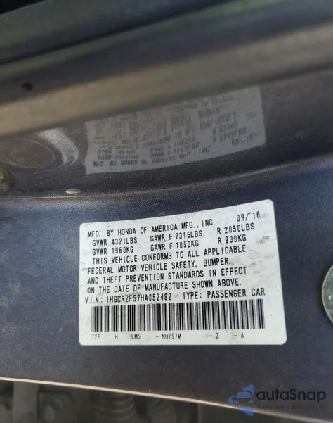 2017 Honda Accord Sport from USA, damaged, VIN 1HGCR2F57HA052492